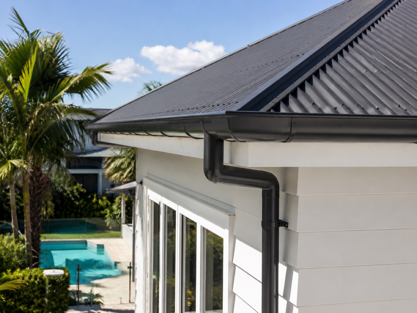 Charcoal continuous spouting and round downpipe on a long-run trapezoidal roof