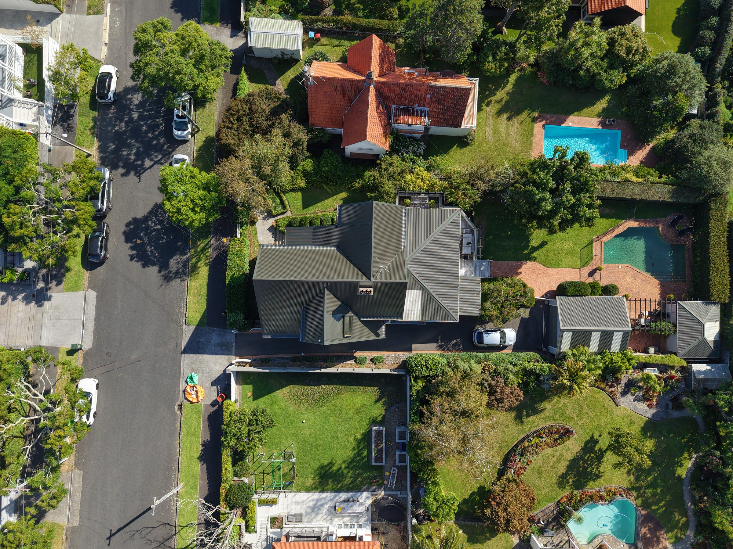 Completed Colorsteel metal re-roof on Westbourne Road, Remuera — aerial view