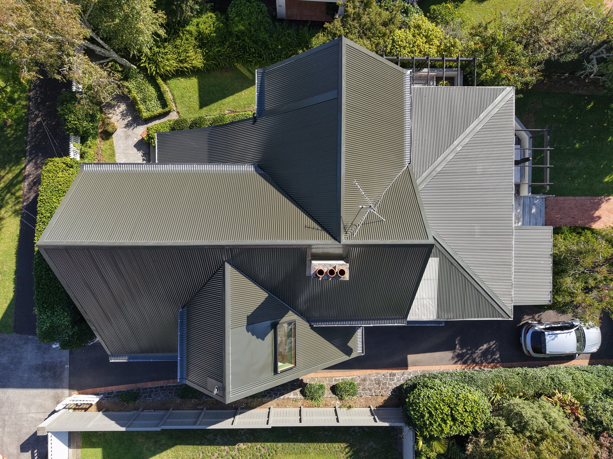 Completed Colorsteel metal re-roof on Westbourne Road, Remuera — aerial view